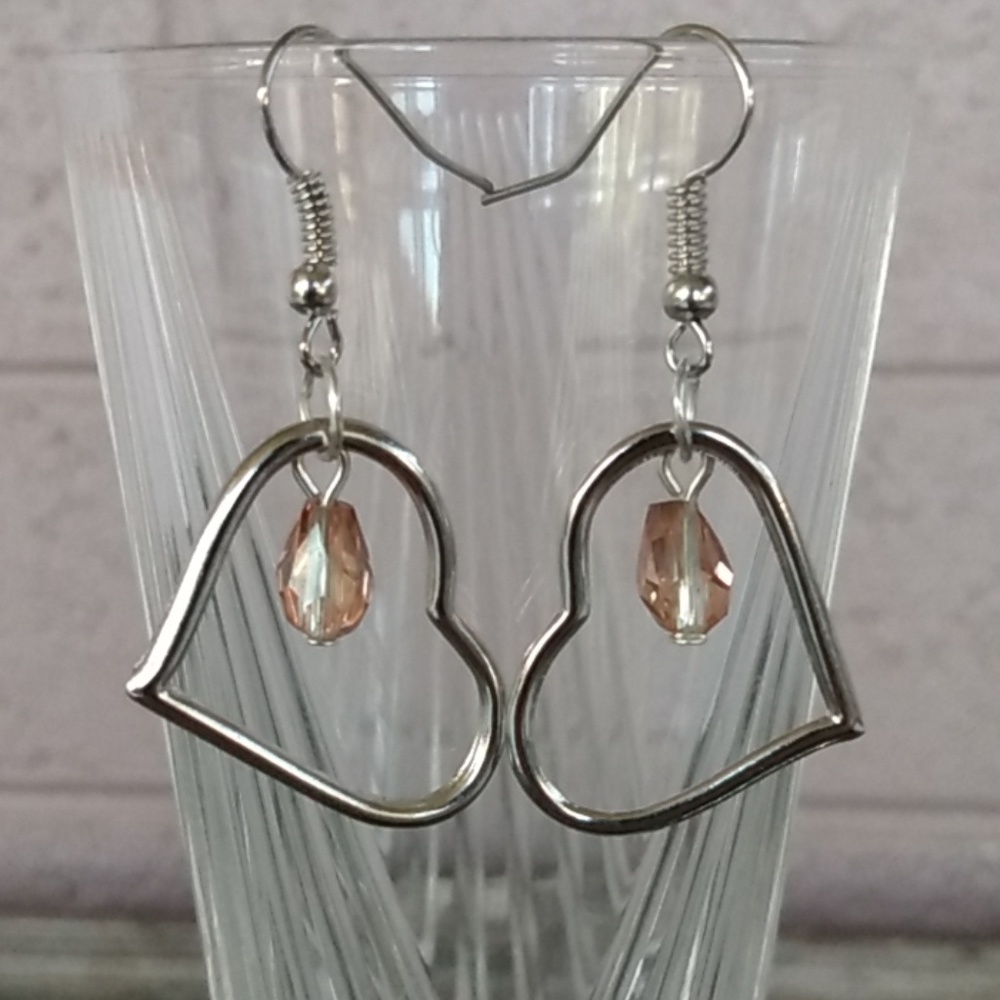 Silver Tone Heart Slider Earrings w Pink Crystal